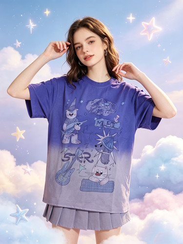美式复古渐变紫宽松短袖T恤女
