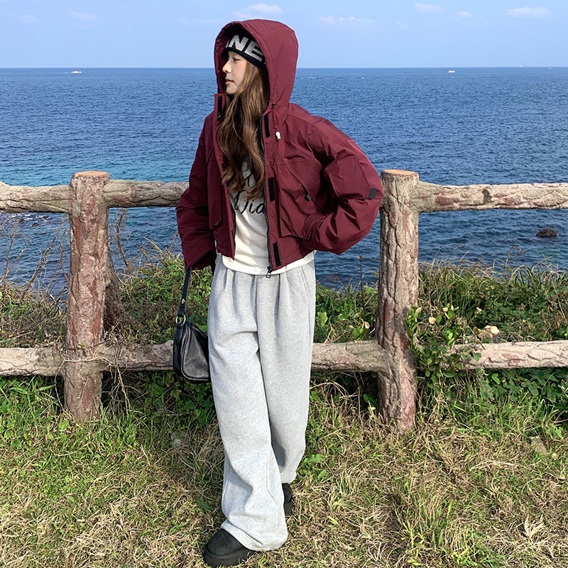 安可拉红连帽工装羽绒服冲锋衣女冬季2025新款小个子90白鸭绒外套图片