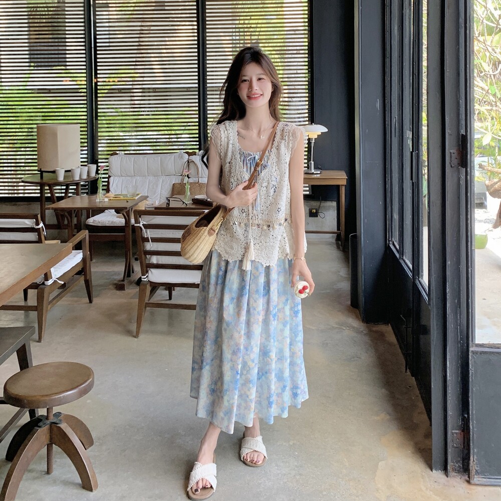 甜美罩衫叠穿碎花吊带连衣裙女夏2025新款温柔风减龄爆款长裙,女装连衣裙,2D073