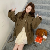 复古咖色工装夹克上衣女春秋2025新款超火好看高级小众宽松短外套，女装风衣，2D073