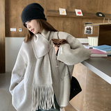 燕麦色韩版宽松围巾羊毛双面呢子外套女秋冬季新款小个子短款毛呢，女装毛呢外套，2D073