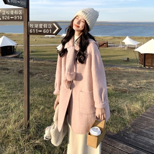 可拆卸针织连帽双面羊毛大衣女秋冬新款甜美宽松小个子毛呢外套潮图片