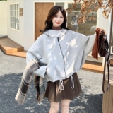 牛角扣连帽双面羊绒斗篷外套女秋冬超火好看加厚毛呢短款夹克上衣，女装毛呢外套，2D073