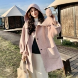 可拆卸针织连帽双面羊毛大衣女秋冬新款甜美宽松小个子毛呢外套潮，女装毛呢外套，2D073