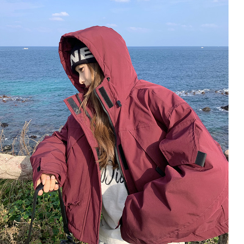 安可拉红连帽工装羽绒服冲锋衣女冬季2025新款小个子90白鸭绒外套图片