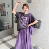 松弛感紫色显瘦套装裙女2025夏新款韩系字母印花T恤半身裙两件套，女装套装/套裙，2D073