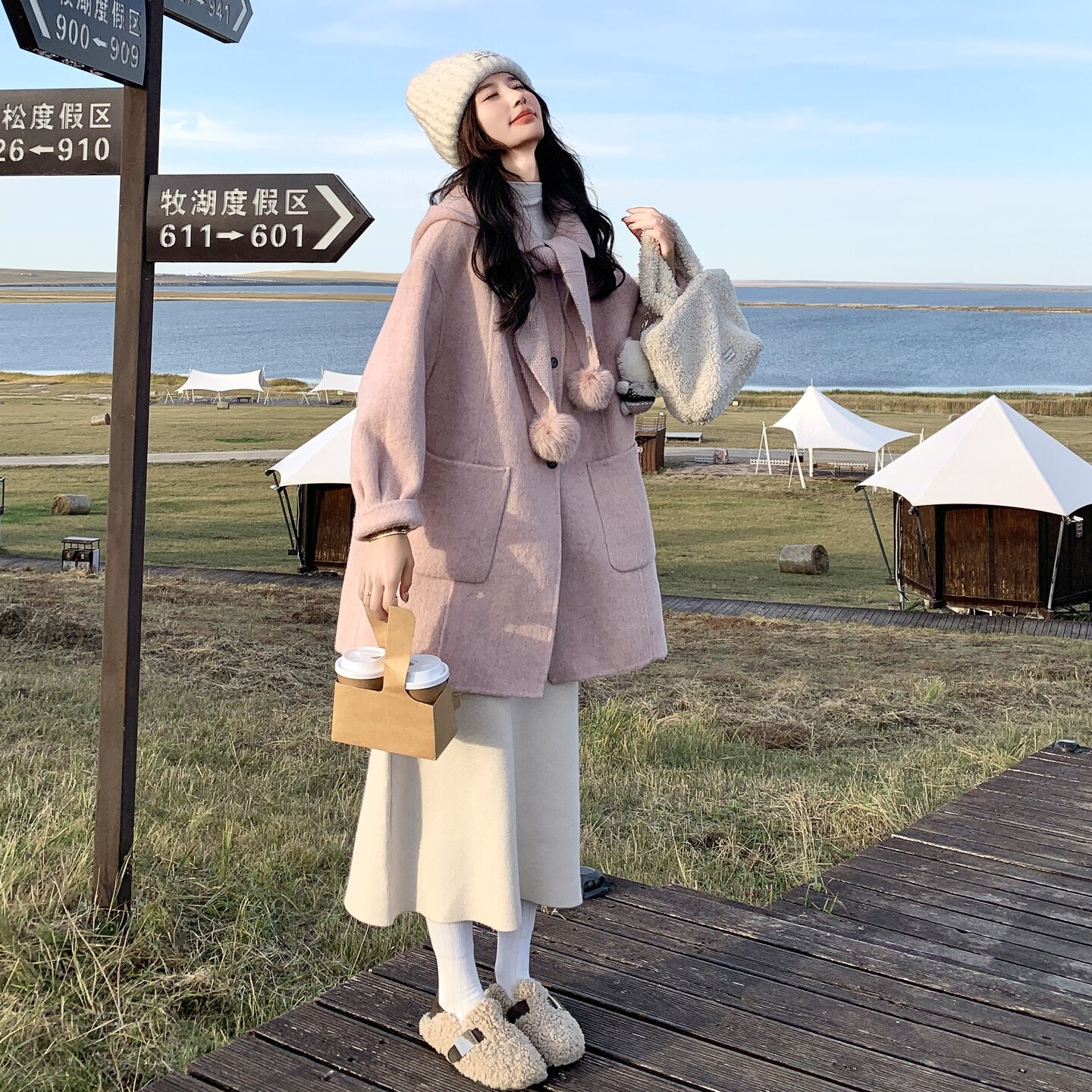 可拆卸针织连帽双面羊毛大衣女秋冬新款甜美宽松小个子毛呢外套潮,女装毛呢外套,2D073