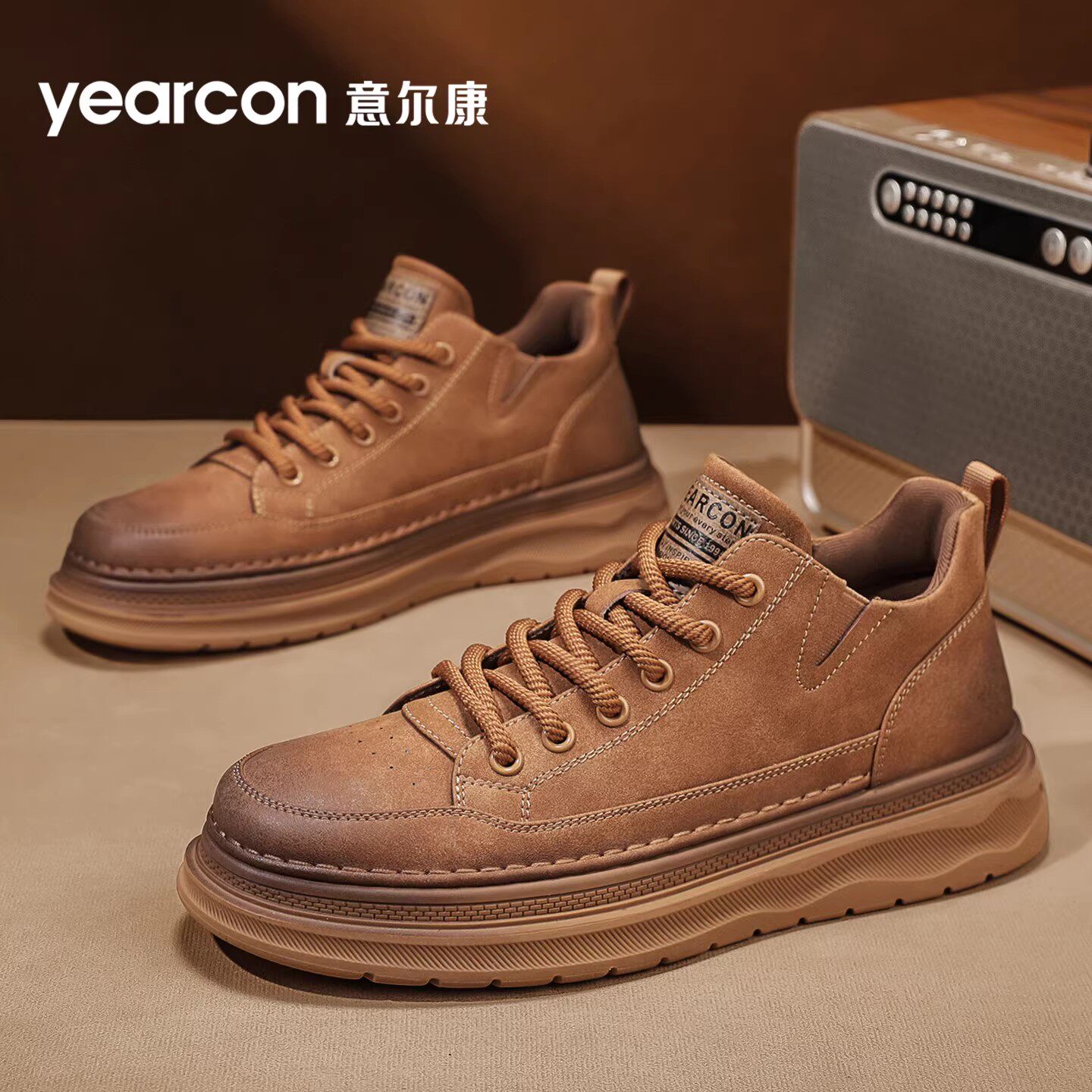 意尔康皮鞋男春秋冬季加绒真皮英伦风复古休闲德比低帮大黄马丁靴