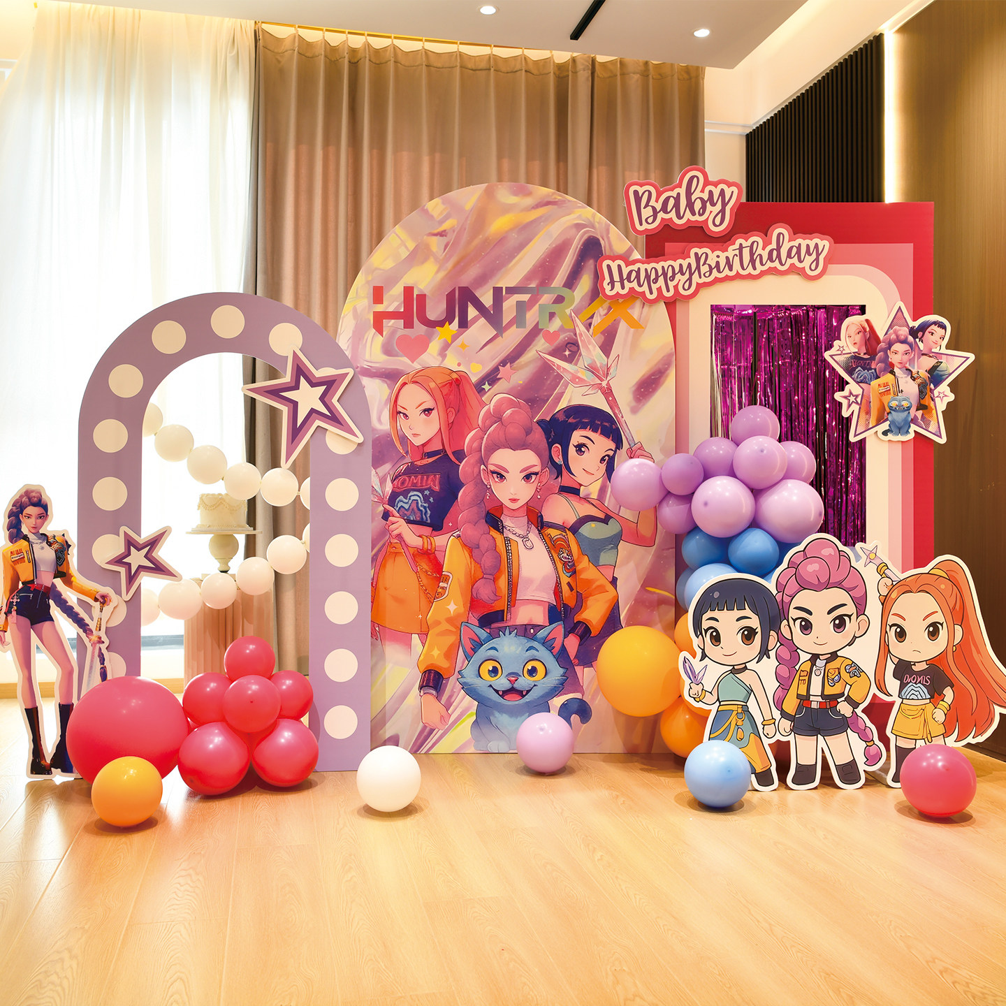 K-Pop猎魔女团女孩10岁生日场景布置气球kt板儿童舞蹈活动背景板
