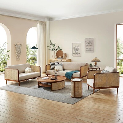 新中式实木沙发侘寂风白蜡原木客厅藤沙发小户型简约民宿藤编沙发