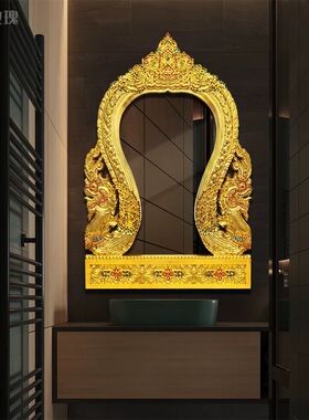 东南亚风格金色佛龛镜框泰国木雕金箔壁挂泰式会所软装墙上装饰品