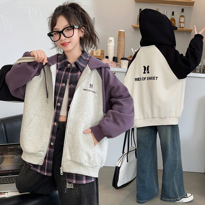 女童连帽外套2025新款洋气中大童拉链棒球服儿童秋装撞色绣花上衣