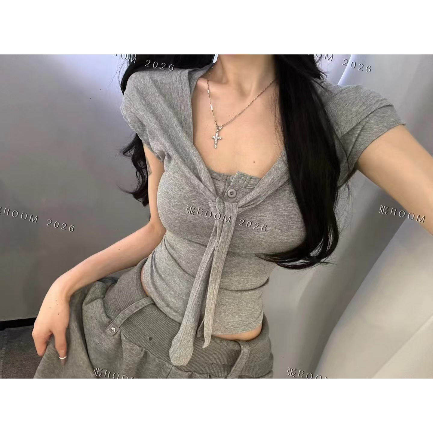 2026夏季新款海军领绑带披肩两件套短袖T恤女修身显瘦百搭上衣