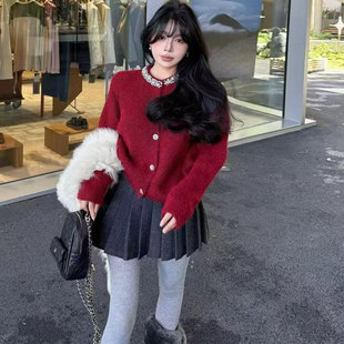 2025秋冬新款领口镶钻新年红单排扣加厚针织毛衣开衫