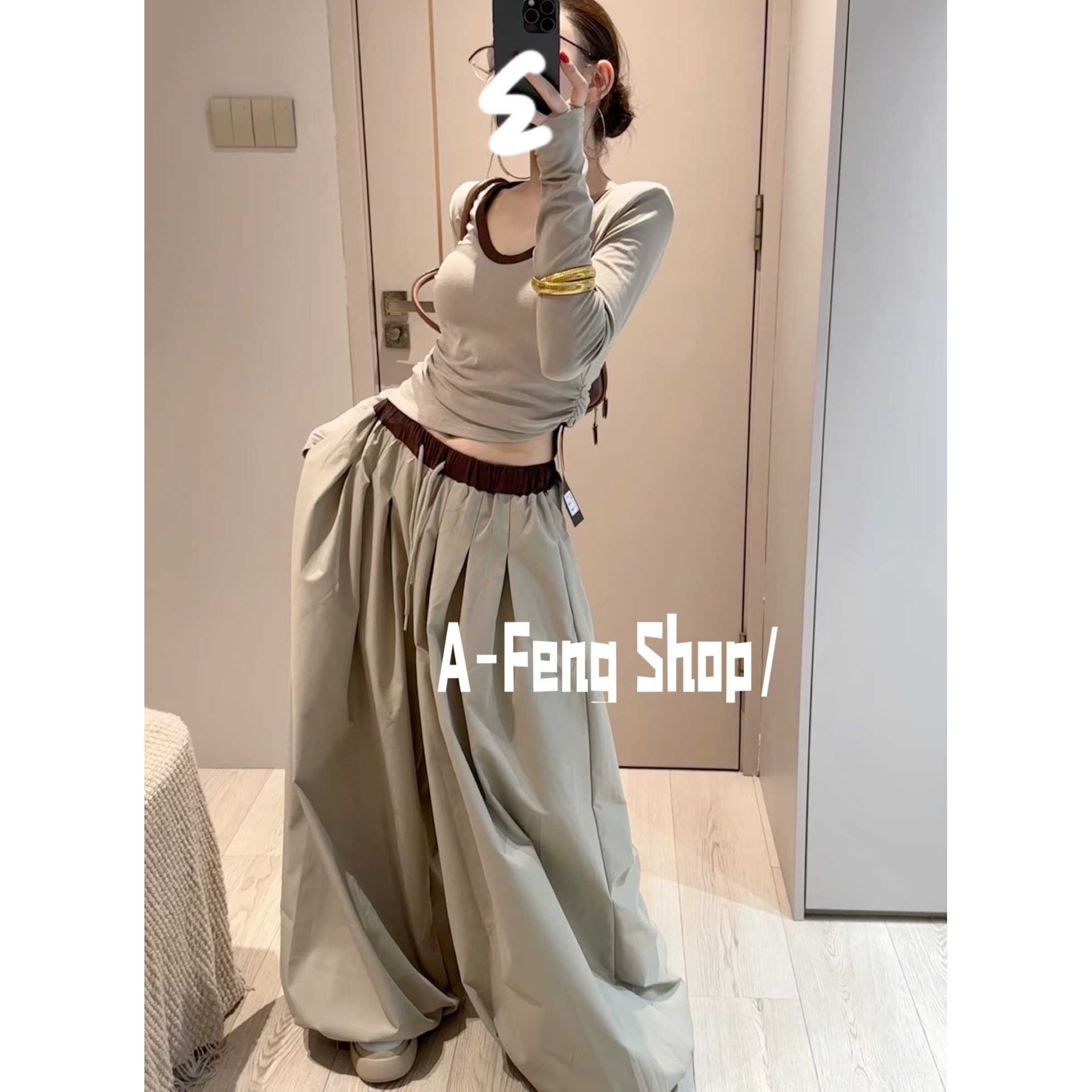 韩系小个子精致一整套穿搭女秋绝美咖色修身长袖上衣裤子两件套装