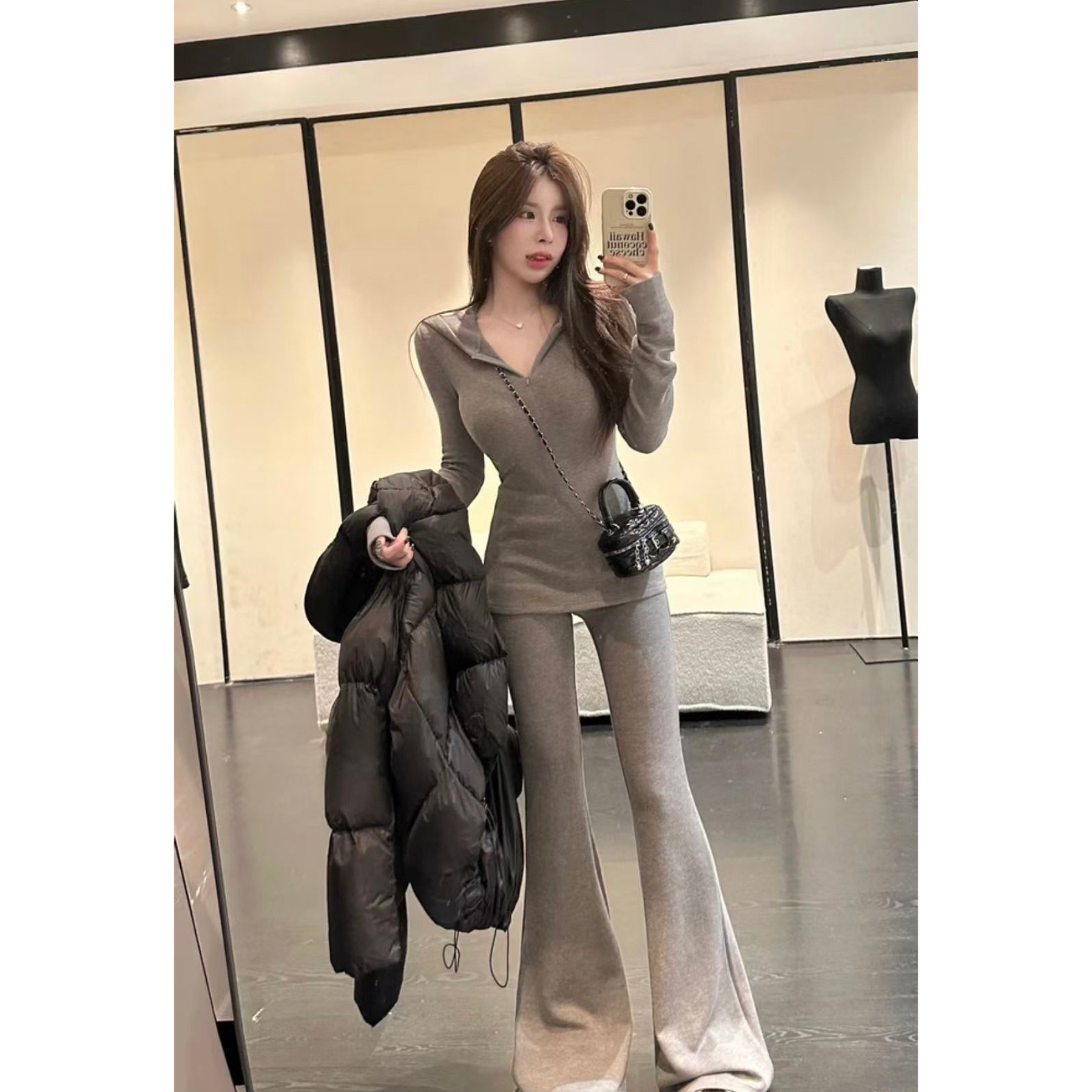 韩版2025冬季新款气质修身显瘦加绒磨毛连帽小衫+休闲裤套装女