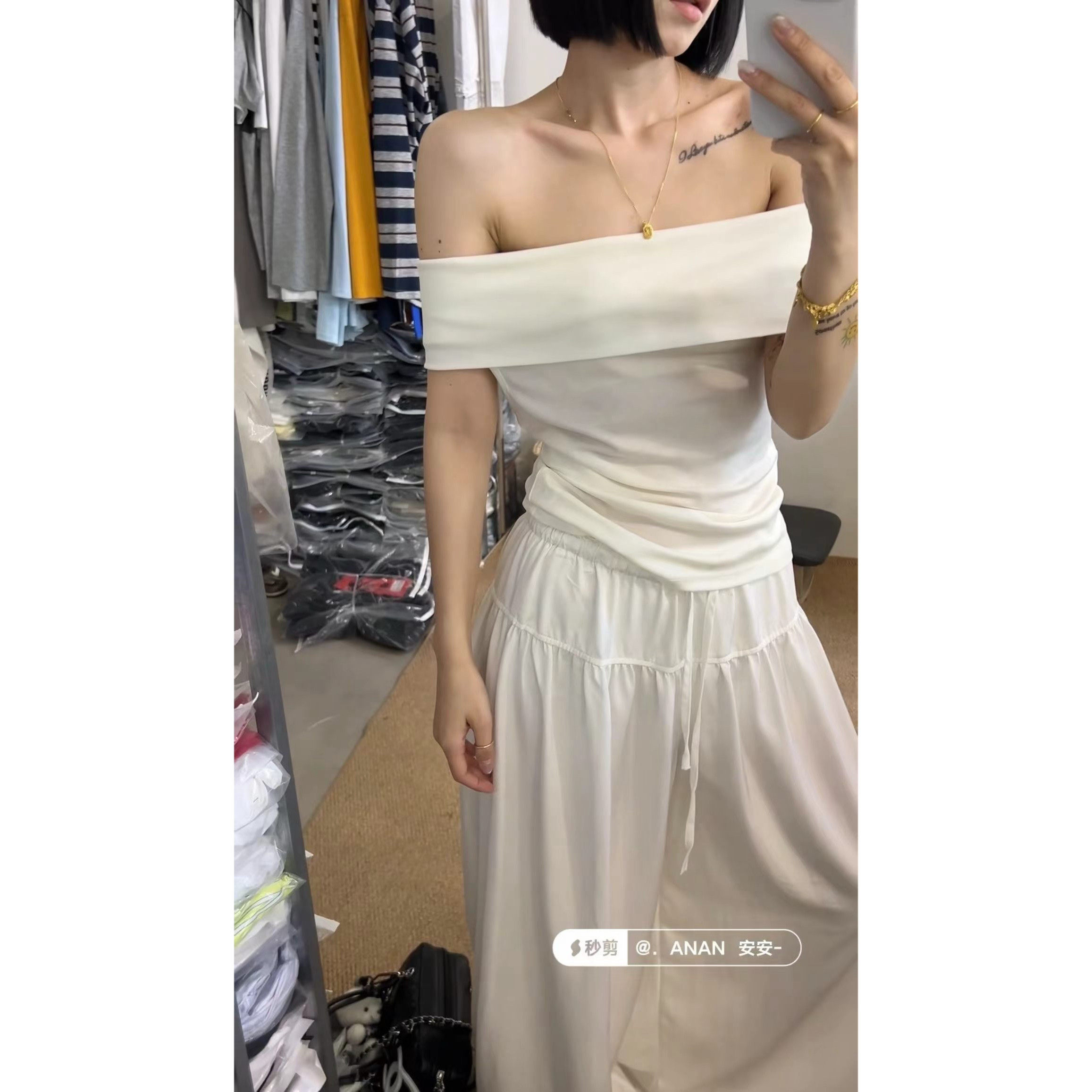 高级感圆领设计白色T恤女夏季新款时尚休闲修身短袖+宽松阔腿裤