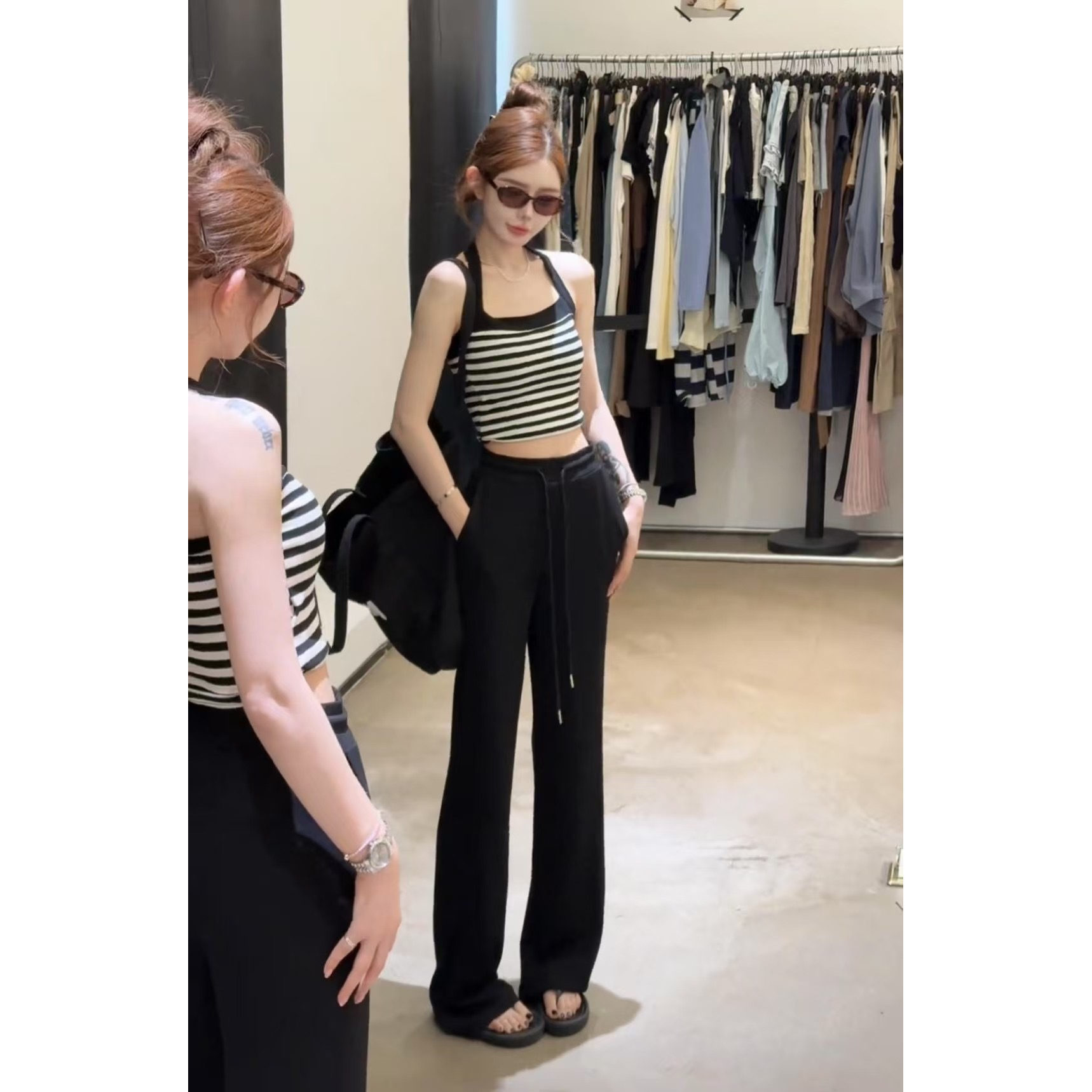 时尚休闲套装女夏季新款条纹挂脖吊带背心+休闲阔腿裤两件套潮