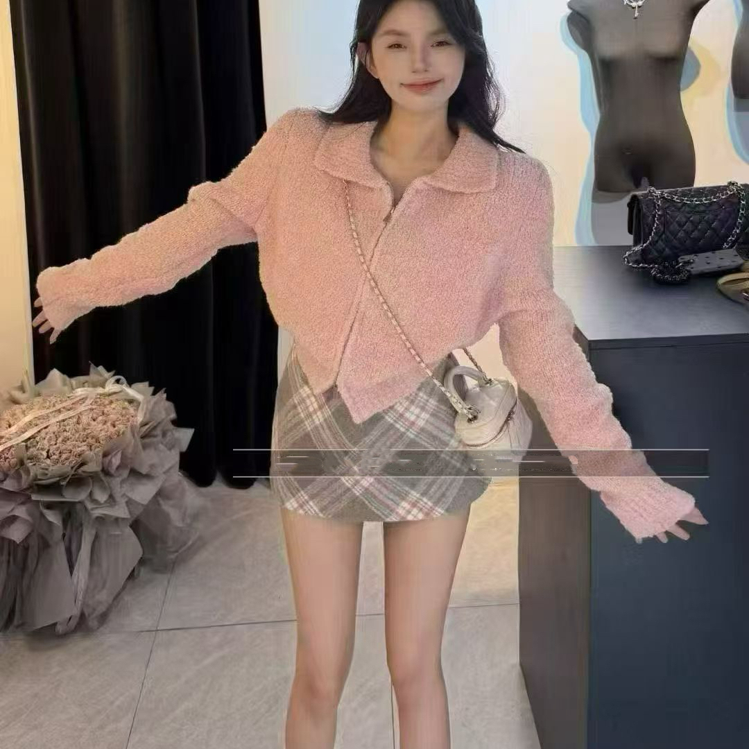 2025秋冬季新款圈圈毛针织通勤百搭长袖立领双向拉链毛衫上衣女