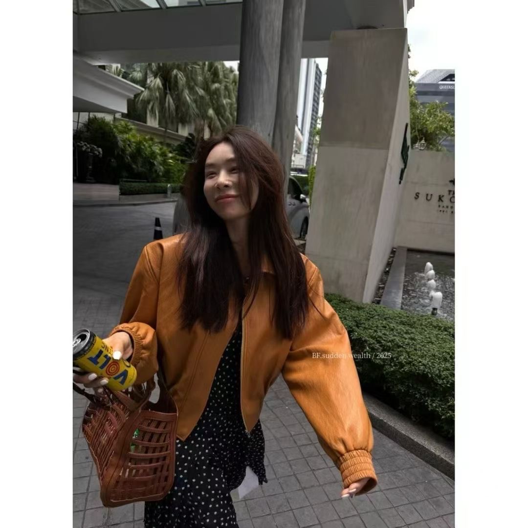 韩版复古翻领拉链流时尚短皮衣外套女2025宽松机车外套夹克小个子