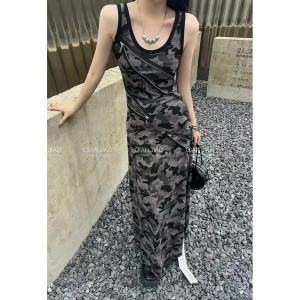 复古时尚迷彩纹设计感拼接拉链背心长裙子修身显瘦吊带连衣裙女