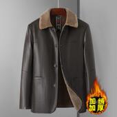 冬季 外套男皮夹克加绒加厚皮衣男中年商务休闲皮毛一体翻领皮夹克