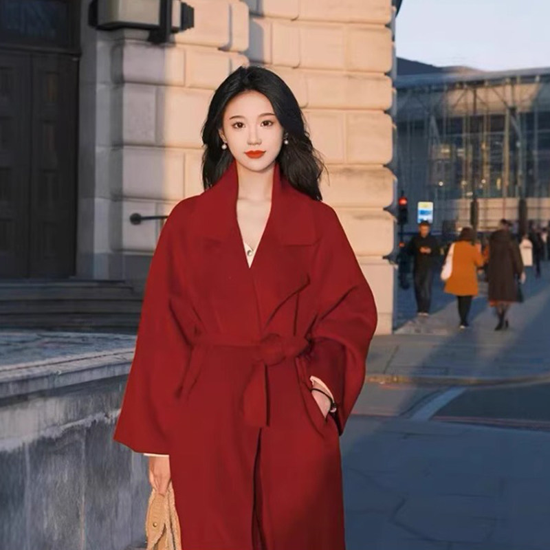 【小二推荐】酒红色双面羊绒大衣