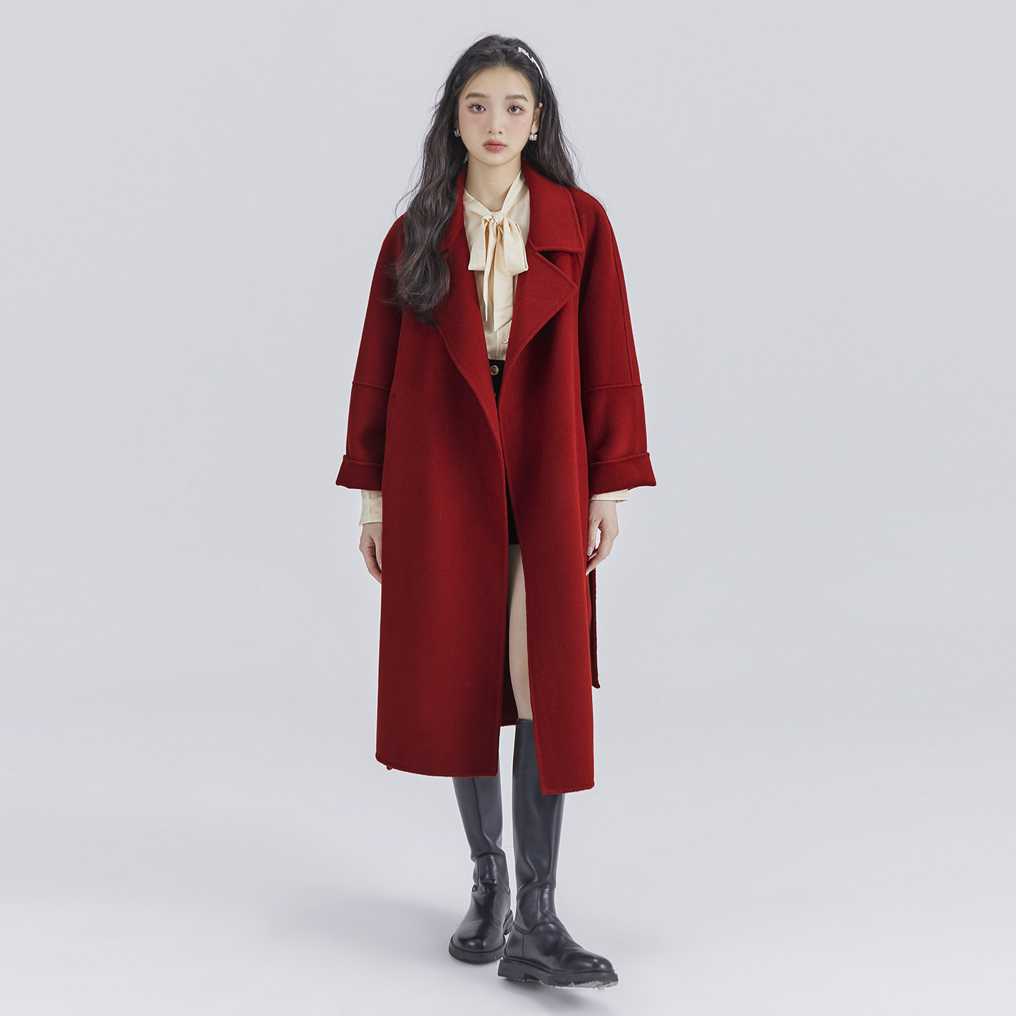 高级感红色双面绵羊毛大衣女秋冬季新年跨年结婚敬酒服毛呢外套女