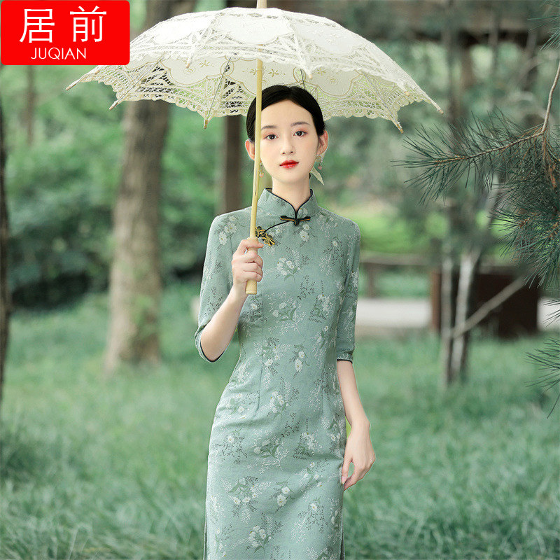 棉麻中长款旗袍七分袖改良连衣裙2022春夏新款年轻款碎花茶服送考