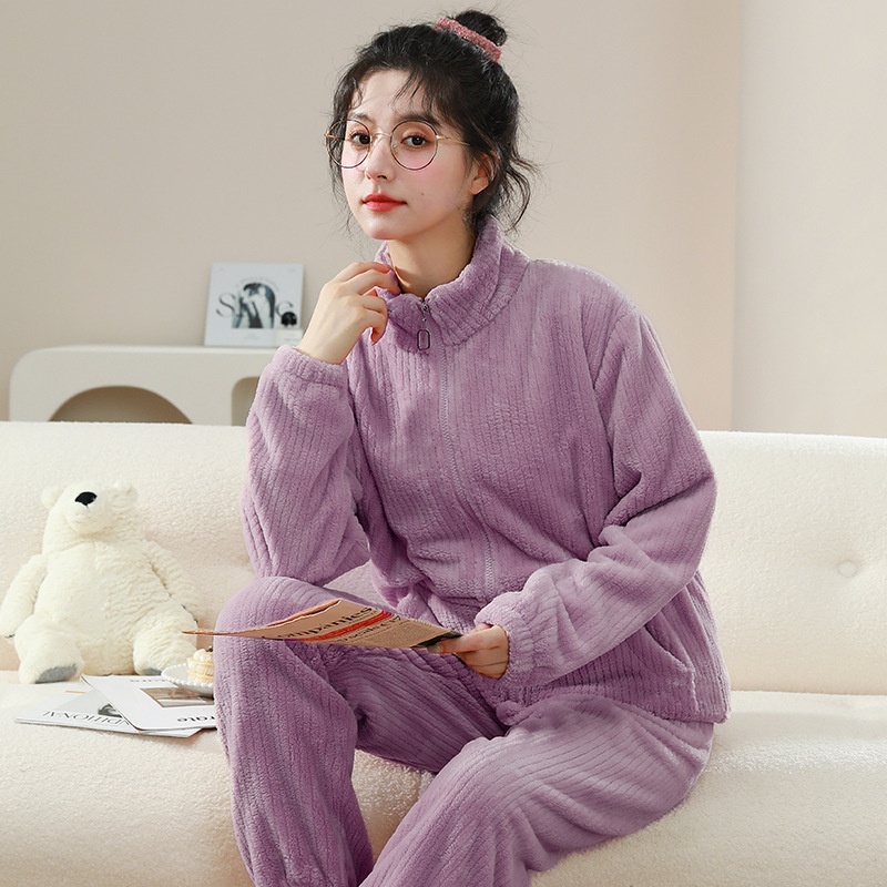 法兰绒睡衣套装加厚保暖秋冬