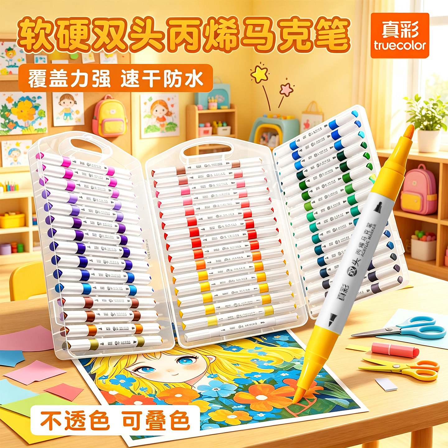 真彩丙烯马克笔软硬双头不易透色可叠色小学生儿童美术用可水洗水彩笔幼儿园画画笔彩色绘画涂鸦防水速干炳稀