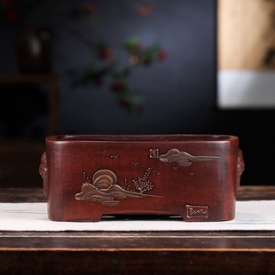 盆景盆紫砂花盆兽头长方盆多肉植物云竹盆手工精品仿古回流盆