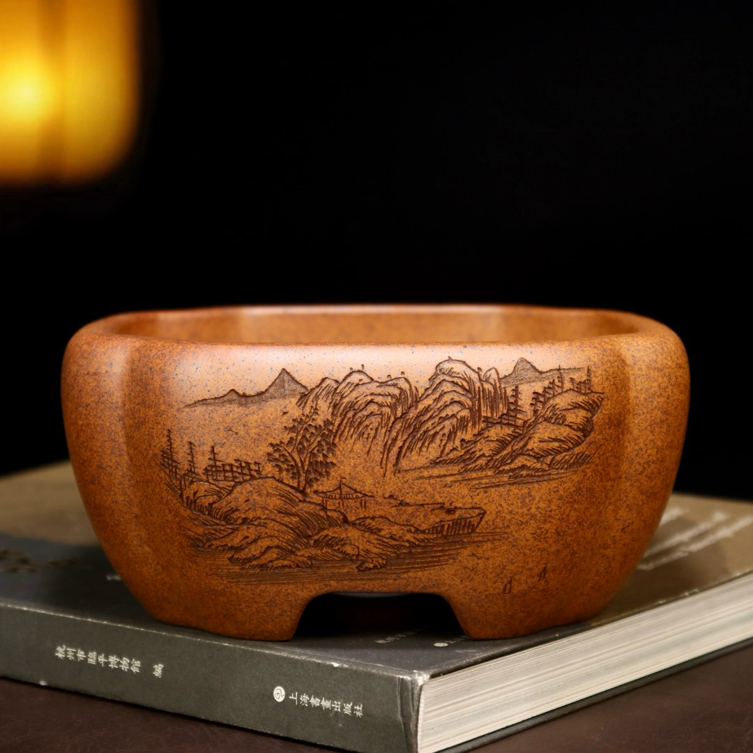宜兴紫砂花盆精品柴烧老段泥盆景盆四方多肉金弹子云竹菖蒲盆栽盆