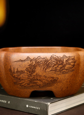 宜兴紫砂花盆精品柴烧老段泥盆景盆四方多肉金弹子云竹菖蒲盆栽盆