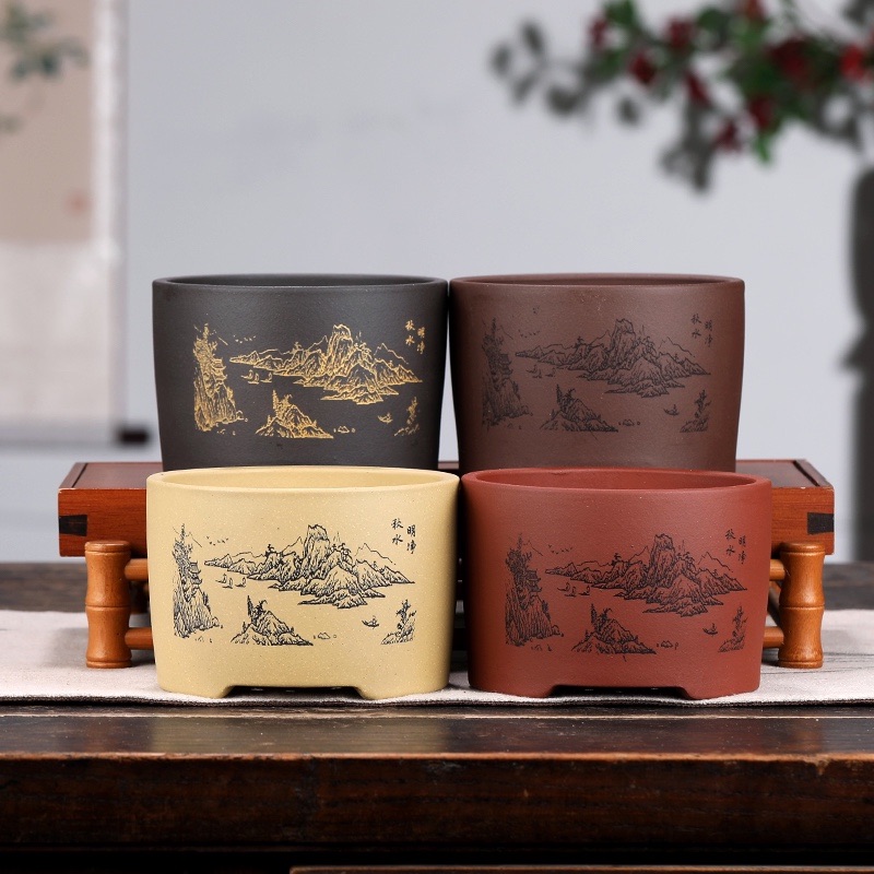 宜兴紫砂花盆圆形云竹专用花盆文竹盆小多肉盆景盆菖蒲盆厂家直销