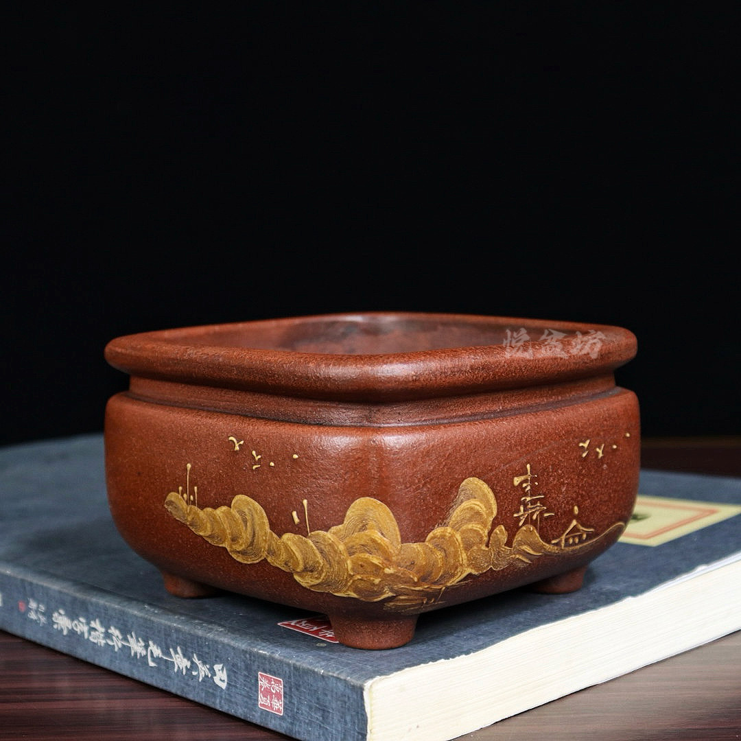 铁画轩紫砂花盆小多肉菖蒲云竹金弹子四方盆景盆桌面盆栽盆仿古典