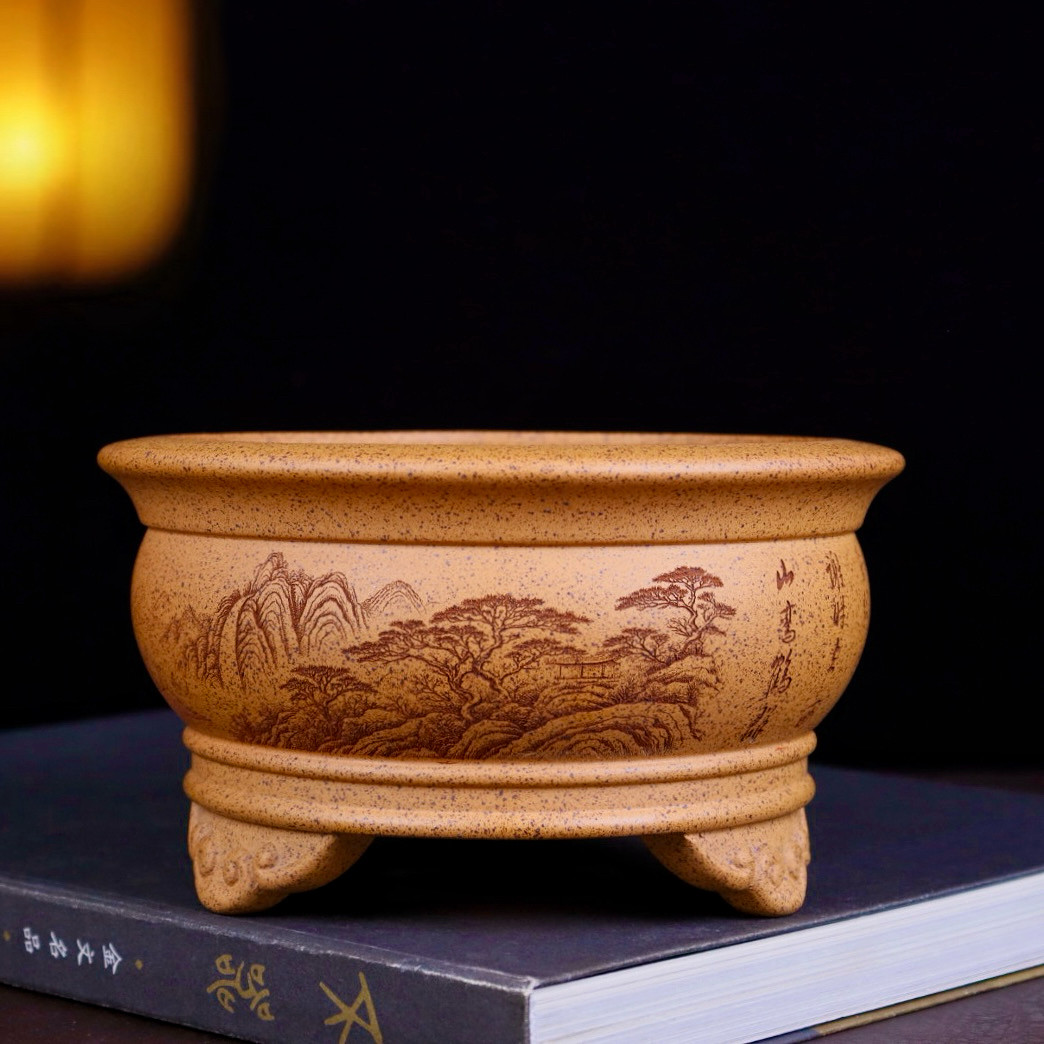 特价精品紫砂花盆圆形小多肉菖蒲云竹金弹子盆景盆桌面透气陶瓷盆
