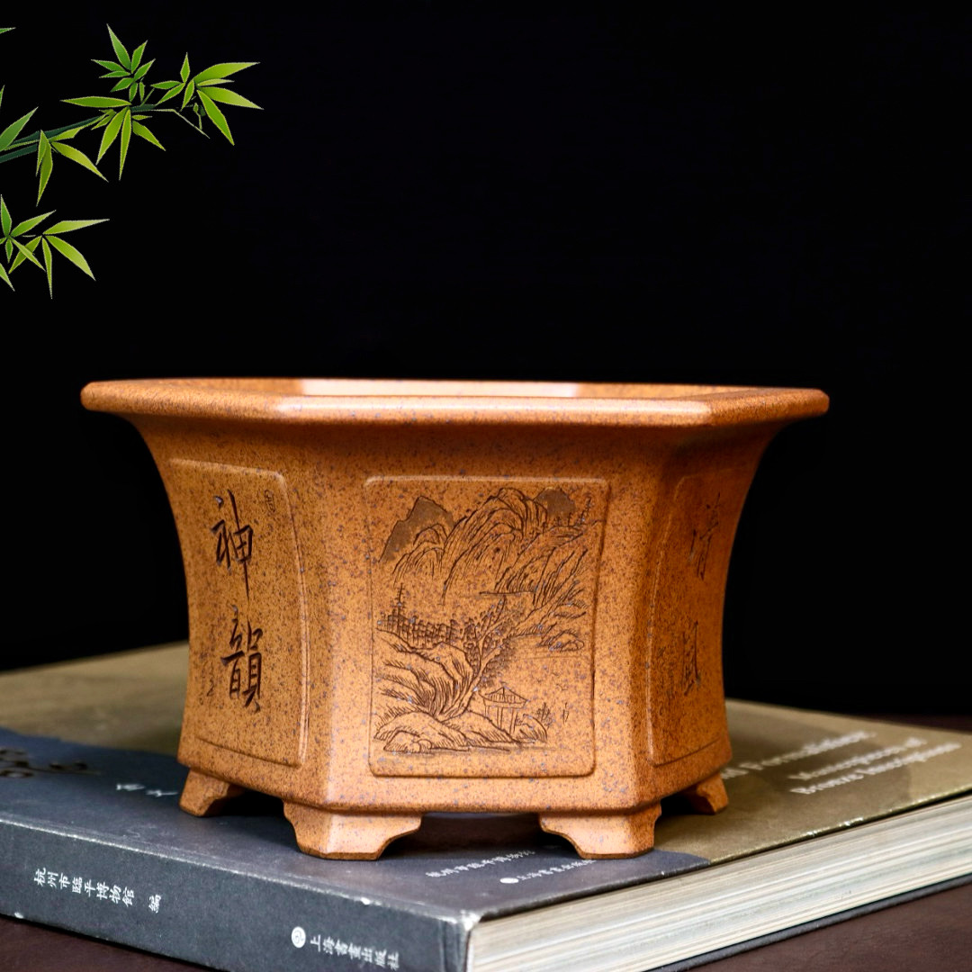 精品柴烧紫砂花盆手工刻绘六方盆小多肉菖蒲金弹子盆景盆桌面盆栽