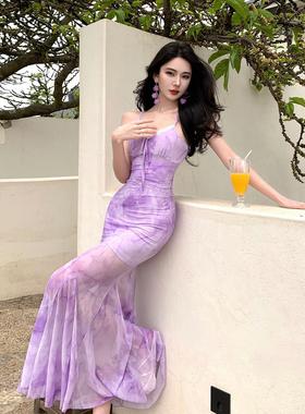 绝美紫色裙子弹力网纱吊带收腰包臀连衣裙女夏季新款气质鱼尾长裙