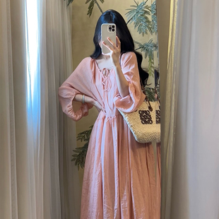 文艺温柔风棉麻长裙胖妹妹显瘦大摆连衣裙 灯笼袖 法式 复古宽松大码