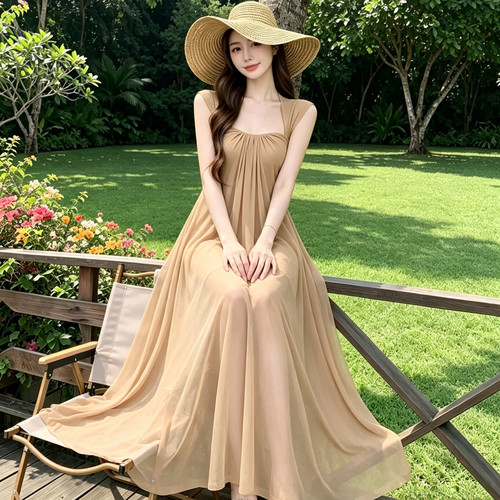 法式性感拼接网纱长裙女温柔风收腰显瘦度假连衣裙