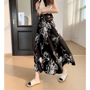夏季 松紧腰印花大摆裙简约半身裙优雅百搭A字长裙子