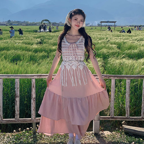 波西米亚 森系吊带连衣裙旅游度假穿搭气质长裙超仙女裙