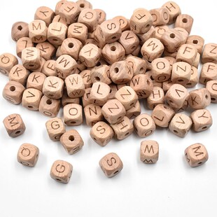 榉木26个英文字母打孔方块木珠12MM榉木骰子散珠diy儿童玩具配件