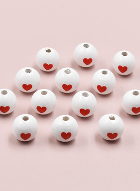 新款16mm爱心印花荷木木珠 情人节红色小爱心木珠子diy串珠材料