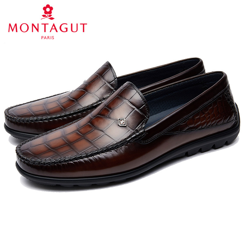 梦特娇男鞋春夏新款商务休闲皮鞋鳄鱼纹压花一脚蹬轻便透气豆豆鞋