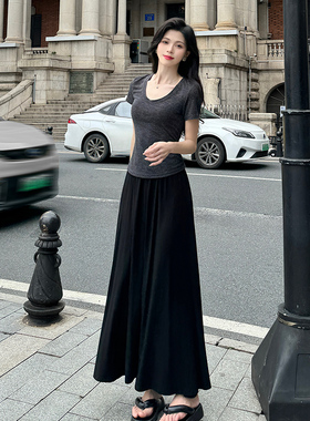 莫代尔半身长裙女黑色长款半身裙2026春夏新款高腰显瘦垂感大摆裙