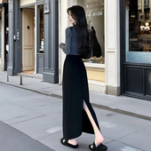 西装 开叉半身长裙子高级感 垂感半身裙女夏黑色a字裙高腰显瘦长款
