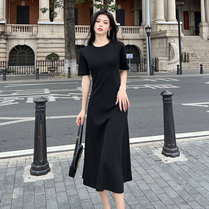 黑色莫代尔棉连衣裙女士2023夏季高级感小黑裙遮肉显瘦t恤长裙子