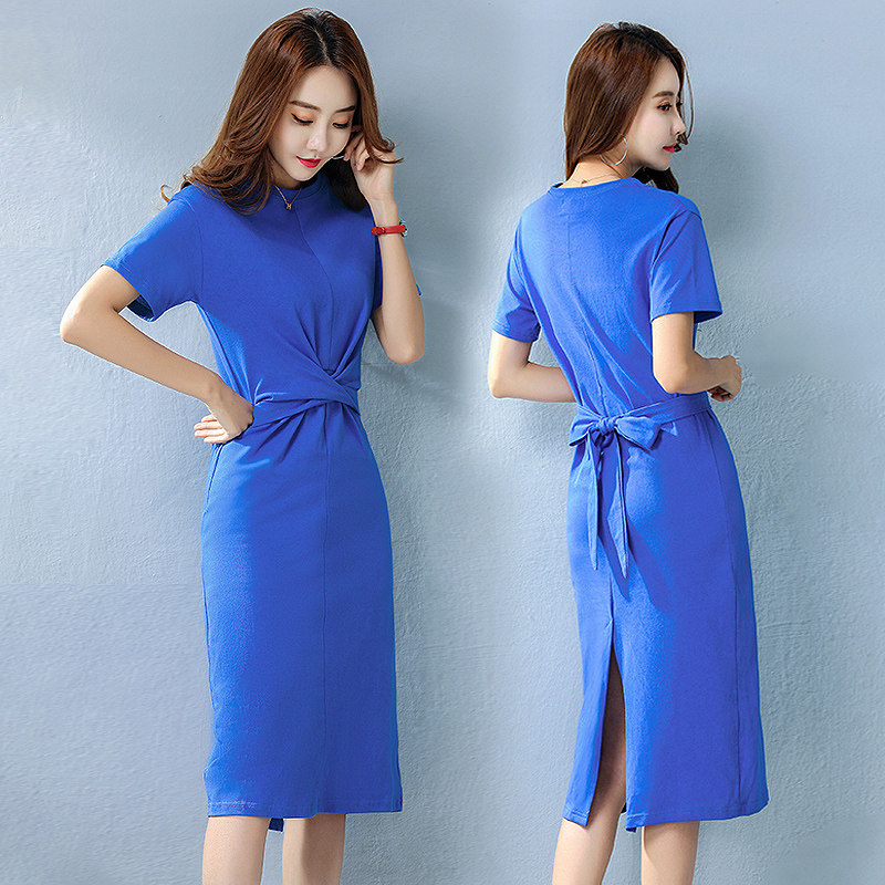 休闲连衣裙女夏新款ins潮港味a字中长款t恤裙短袖绑带开衩一步裙